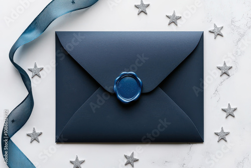 Elegant navy envelope with wax seal and decorative stars, perfect for invitations or special announcements. photo