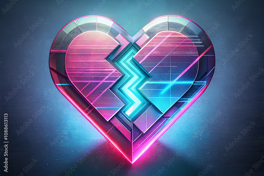 A modern, stylized heart graphic with a break, featuring neon colors and geometric patterns, symbolizing love and heartbreak.