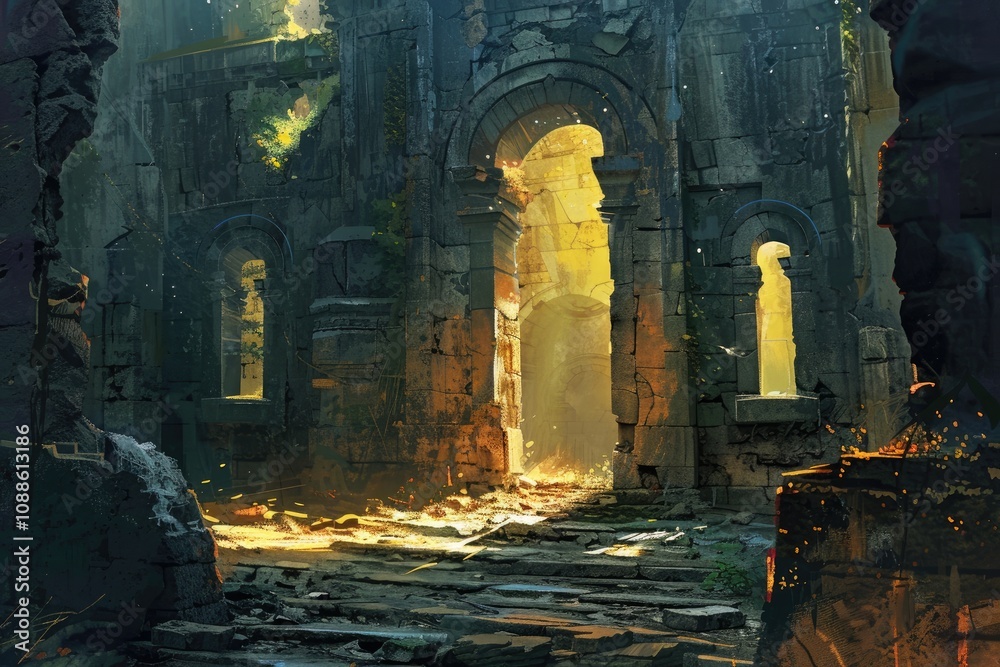 Sunlit Entrance to a Ruined Stone Building Sunlit Entrance to a Ruined Stone Building
