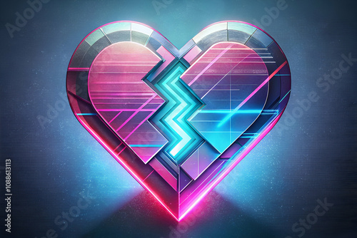 Obraz na płótnie A modern, stylized heart graphic with a break, featuring neon colors and geometric patterns, symbolizing love and heartbreak. w salonie