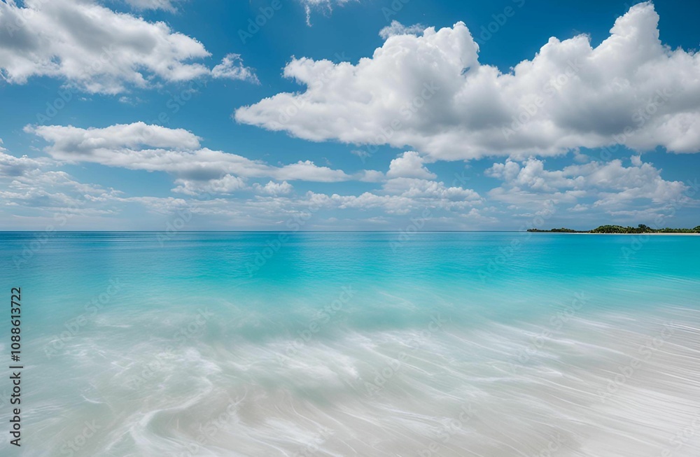 Fototapeta premium tranquil beach scene with crystal-clear turquoise waters, gentle waves lapping the shore, and a brilliant blue sky