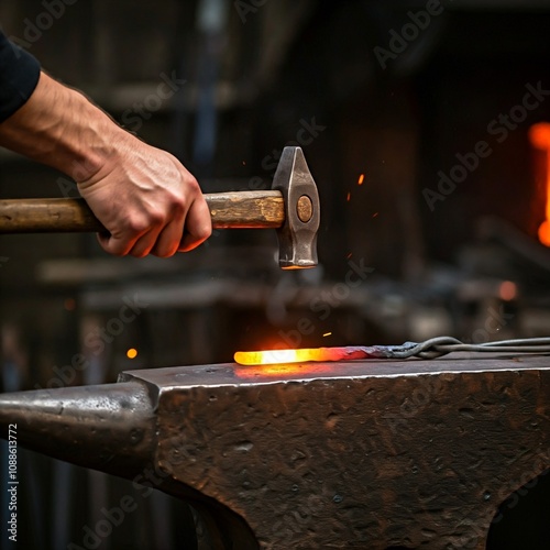 A blacksmith is shaping a piece of red-hot metal on an anvil using a hammer. The image captures the intensity and skill involved in this traditional craft. photo