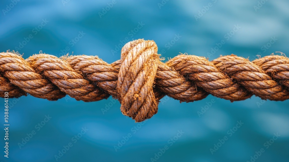 A close-up shot of a rusted rope, its frayed fibers contrasting with the tranquil blue water in the background, evoking a sense of weathered history and calm A close-up shot of a rusted rope, its frayed fibers contrasting with the tranquil blue water in the background, evoking a sense of weathered history and calm