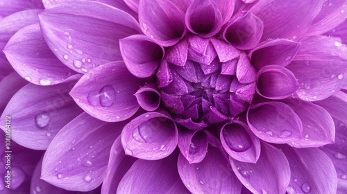 A close-up shot of a vibrant purple flower, delicately adorned with glistening water droplets, with soft natural light enhancing the petals rich color