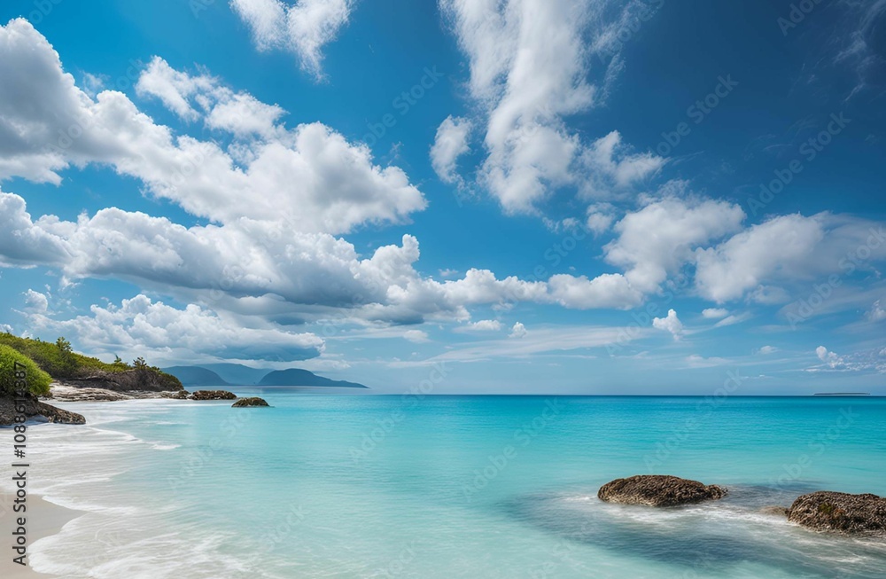 tranquil beach scene with crystal-clear turquoise waters, gentle waves lapping the shore, and a brilliant blue sky tranquil beach scene with crystal-clear turquoise waters, gentle waves lapping the shore, and a brilliant blue sky