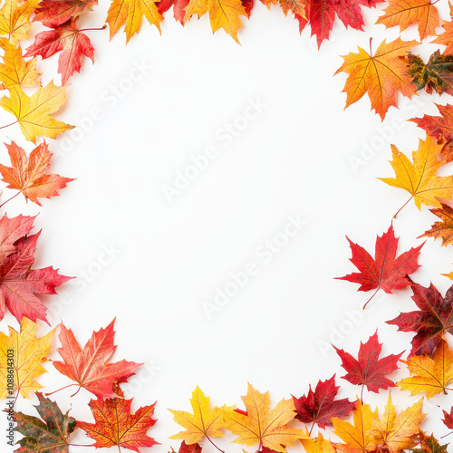 Vibrant autumn leaves arranged in a circular frame, perfect for seasonal decorations or nature-themed projects.