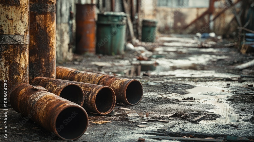 A gritty scene of rusted metal pipes scattered on a dirty ground, near a cluster of trash cans, evoking a sense of urban decay and industrial neglect A gritty scene of rusted metal pipes scattered on a dirty ground, near a cluster of trash cans, evoking a sense of urban decay and industrial neglect