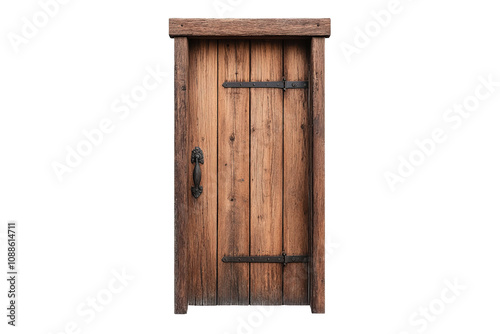 A wooden door with a metal lock and a metal handle. on transparent background.