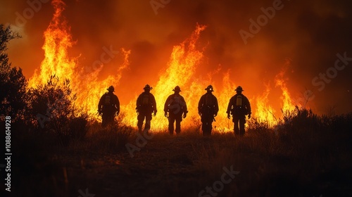 Four firefighters stand in silhouette against a massive wildfire.