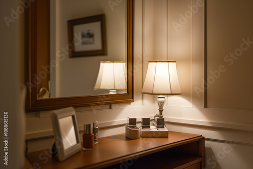 A wooden dressing table and mirror in the corner of a luxury hotel room, with a table lamp on the table. photo