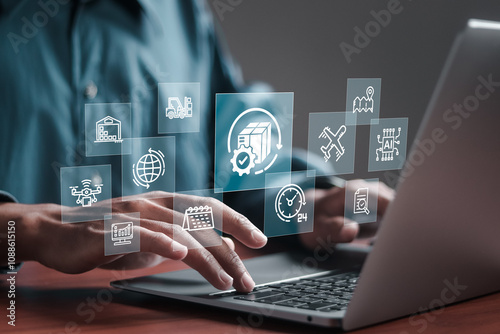 Logistic and transport concept, Businessman using laptop with supply chain technology for logistic management, organizing and controlling resources to meet the needs of customers. photo