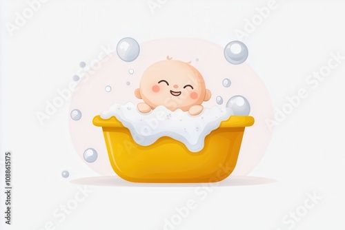 A cheerful baby enjoying a bubble bath in a yellow tub, surrounded by playful bubbles.