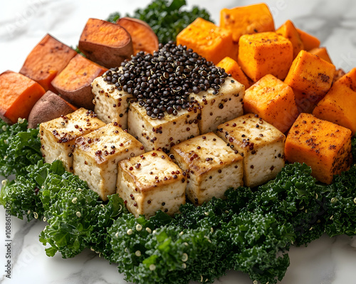 Tofu, sweet potatoes, and kale on a plate. photo