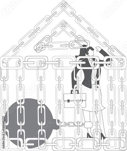 Businesswoman is locked in a huge dollar sign currency money with chain