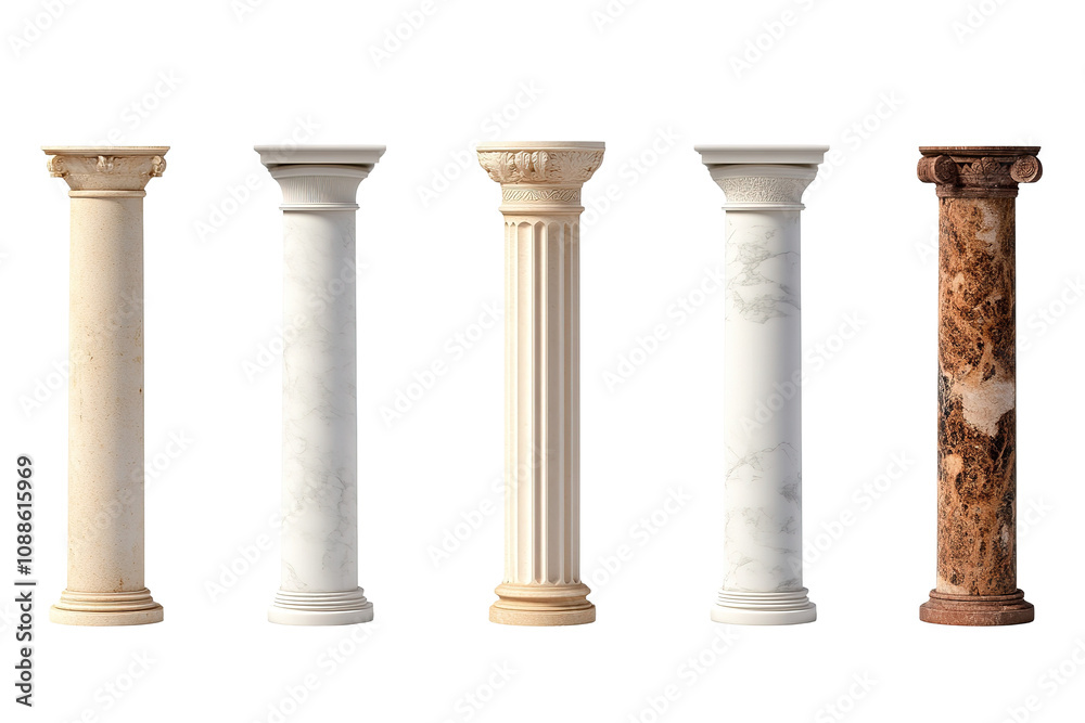 The five white pillars are all different sizes and shapes . on transparent background. The five white pillars are all different sizes and shapes . on transparent background.