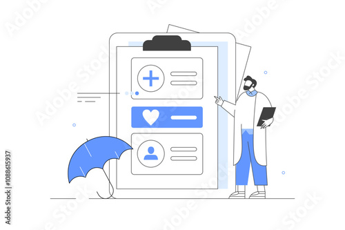 Modern health care services and medicine concept. Doctor presenting health insurance contract with umbrella. Flat Cartoon Vector Illustration, icon. Stylish Abstract Modern