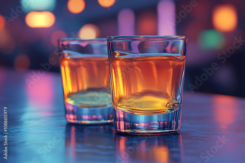 Two shots at blurry, lit bar.