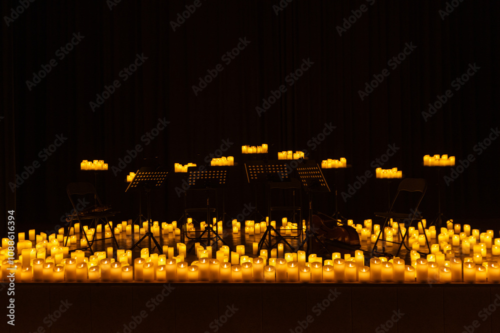 blurred symphonic orchestra on stage with lots of candles