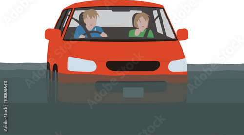 	災害、豪雨に襲われて水没、止まった乗用車。困惑する運転手と助手席の女性のベクターイラスト
