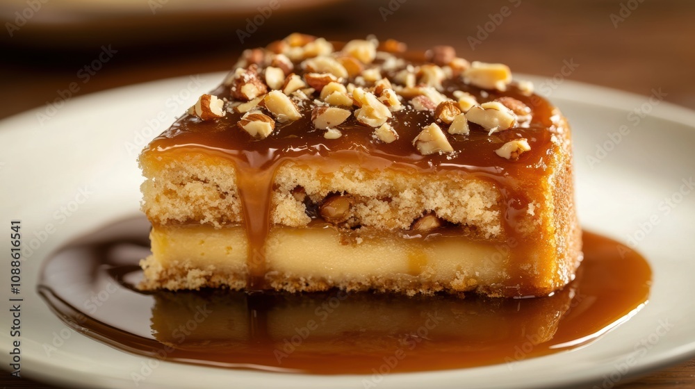 Delicious Layered Cake with Caramel Sauce and Chopped Nuts on a Plate, Perfect for Dessert Lovers and Celebrations Depicting Rich Flavors and Textures Delicious Layered Cake with Caramel Sauce and Chopped Nuts on a Plate, Perfect for Dessert Lovers and Celebrations Depicting Rich Flavors and Textures