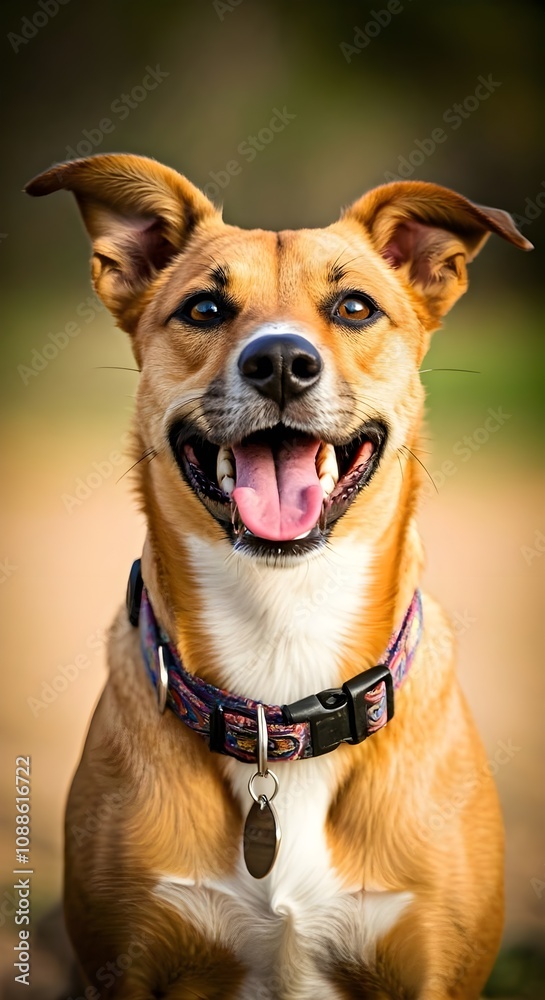 A brown and white dog standing on a dirt field, looking directly at the camera, mobile phone wallpaper A brown and white dog standing on a dirt field, looking directly at the camera, mobile phone wallpaper