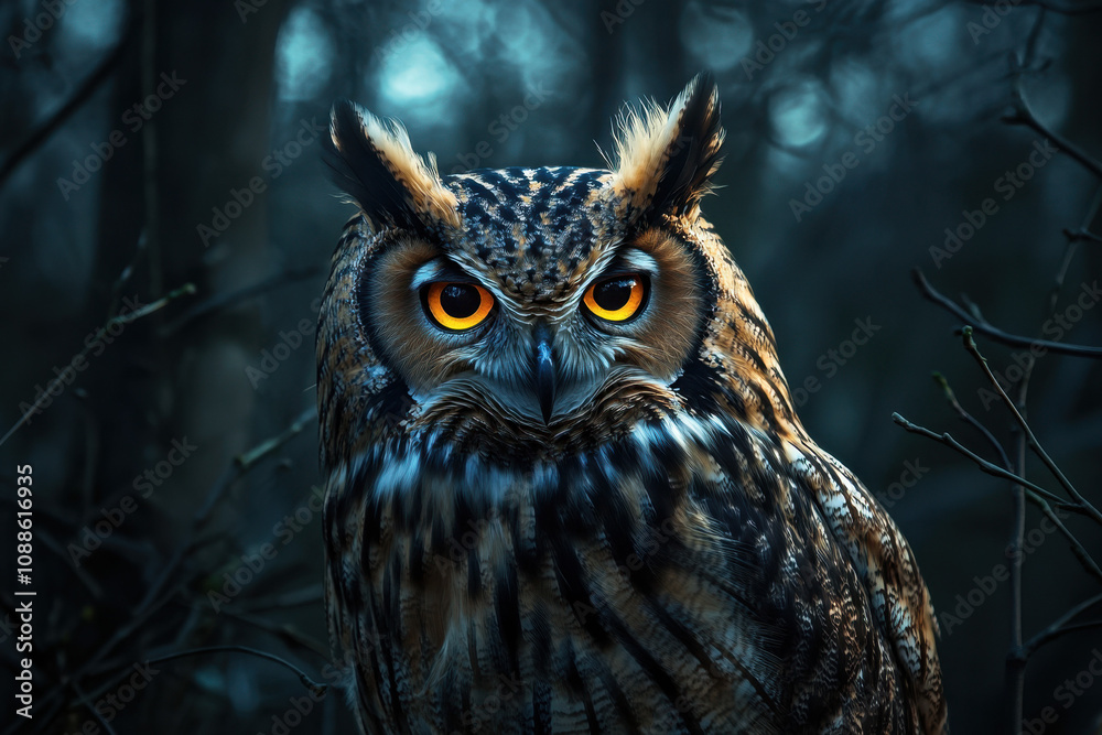 Majestic owl perched in a dimly lit forest, its piercing orange eyes glowing against the dark, mysterious background.
