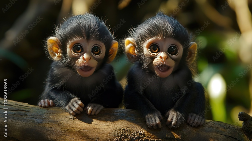 Two adorable baby monkeys perched on a log, their playful expressions and wide eyes full of wonder as they interact with each other in a natural outdoor setting Two adorable baby monkeys perched on a log, their playful expressions and wide eyes full of wonder as they interact with each other in a natural outdoor setting