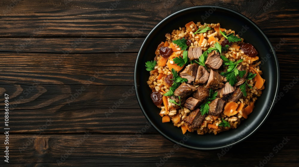 Top view of a black plate with cooked rice, chunks of roasted meat, carrots, and garnished with fresh parsley on a rustic wooden table background Top view of a black plate with cooked rice, chunks of roasted meat, carrots, and garnished with fresh parsley on a rustic wooden table background