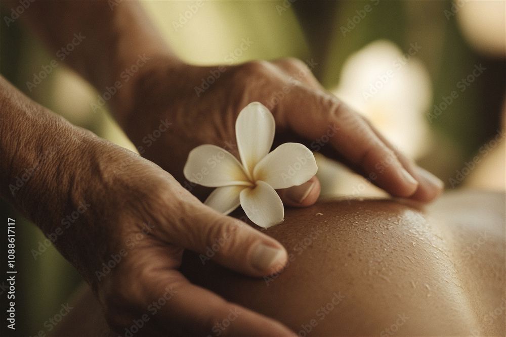 Professional masseur is giving a relaxing back massage with a frangipani flower in a spa, creating a serene and tranquil atmosphere Professional masseur is giving a relaxing back massage with a frangipani flower in a spa, creating a serene and tranquil atmosphere