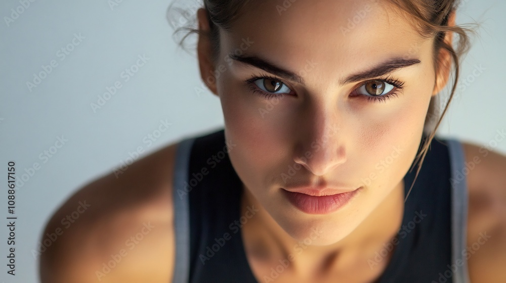 Fototapeta premium Confident Female Athlete Ready for Running Studio Lighting White Background