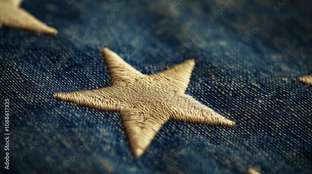 Close-up of American flag stars embroidered texture for Independence Day celebration Close-up of American flag stars embroidered texture for Independence Day celebration