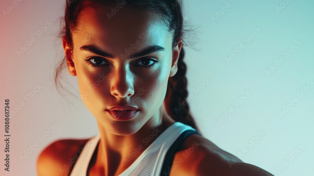 Confident Female Athlete Ready for Running in Studio Lighting on White Background Confident Female Athlete Ready for Running in Studio Lighting on White Background