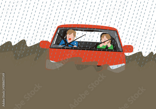 災害、豪雨・濁流に襲われ流されそうな乗用車。怯える運転手と助手席の女性のイラスト