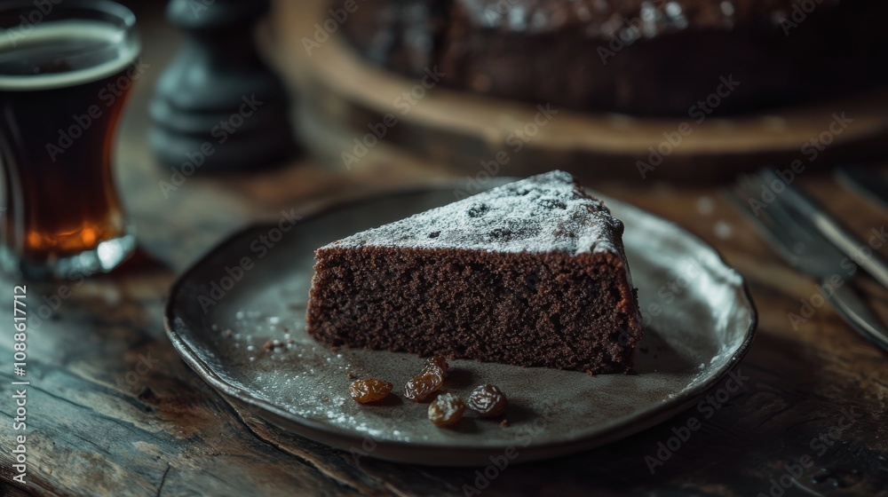 Delicious chocolate cake slice on a rustic plate with sugar powder and raisins, served with a dark beverage in a cozy, inviting atmosphere. Delicious chocolate cake slice on a rustic plate with sugar powder and raisins, served with a dark beverage in a cozy, inviting atmosphere.