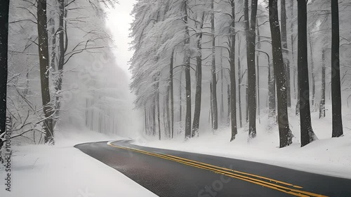 Winter Road Winding Through Snowy Forest Scene