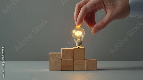 New idea, solution, suggestion concept. Hand puts the wooden cubes with light bulb on hand icon on beuatiful grey background and copy space. Business review, strategy suggestion for business growth.