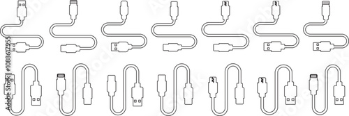 USB cable port icon set. USB type C A lightning and micro usb mobile phone charger vector collection isolated transparent. Plug adapter symbol. Electronic device connector. Smartphone charger sign