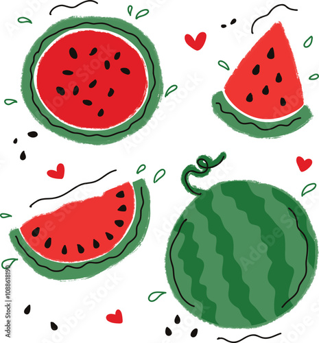 Set watermelon hand drawn crayon doodle cute kids