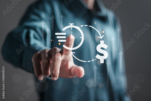 Fototapeta kuchenna Financial concept, businessman touching clock and money icon on interface virtual for business time management. Transform time into cash, time is money, time vs money.