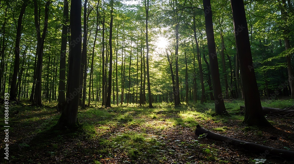 Fototapeta premium Sunbeams in a lush green forest. Nature, peace, tranquility concept.