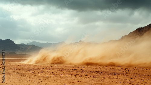 windstorm blows sand across vast desert landscape under cloudy sky, creating dramatic and harsh environment photo