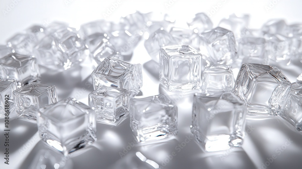 Clear ice cubes are spread across a white backdrop, their surfaces gleaming with a frosty transparency. Clear ice cubes are spread across a white backdrop, their surfaces gleaming with a frosty transparency.