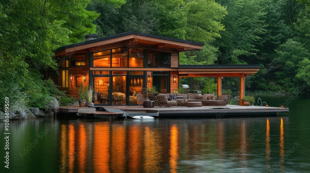 Wooden lakeside retreat, glass walls, with deck and outdoor furniture Wooden lakeside retreat, glass walls, with deck and outdoor furniture