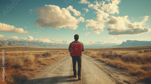 A traveler walks along a remote road, surrounded by scenic landscapes under a bright sky with fluffy clouds.