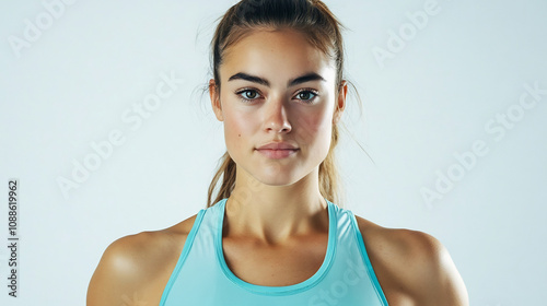 Confident Female Athlete Ready for Running on White Studio Backdrop