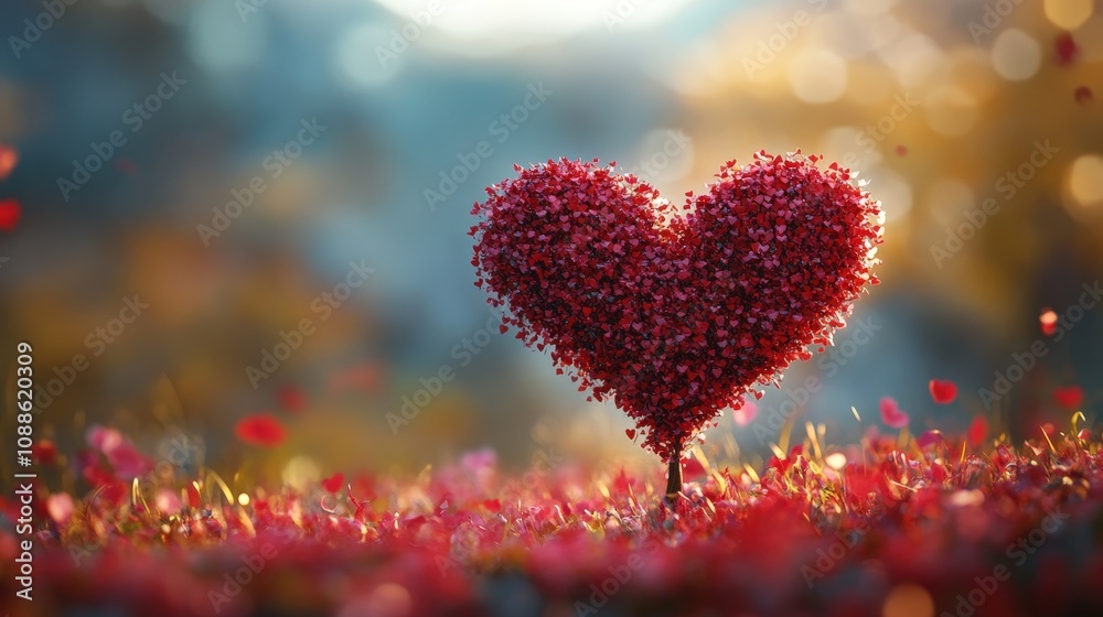 Fototapeta premium A vibrant heart-shaped tree made of flowers, symbolizing love and joy in a magical landscape filled with colorful blooms.