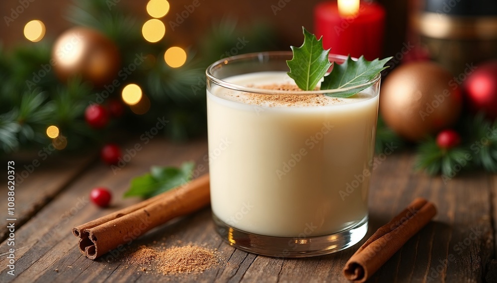 Creamy eggnog in a clear glass with nutmeg, cinnamon sticks and holly leaves on a rustic wooden table, Christmas spirit Creamy eggnog in a clear glass with nutmeg, cinnamon sticks and holly leaves on a rustic wooden table, Christmas spirit