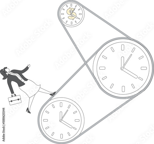 Tired busy businesswoman running on group of time clocks