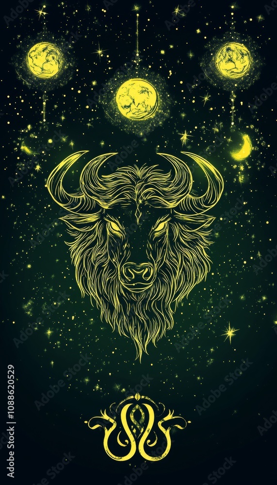 Green and Gold Bull Illustration, Symbolizing Taurus Determination on a Starry Background. Green and Gold Bull Illustration, Symbolizing Taurus Determination on a Starry Background.