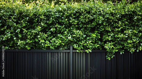 Elegant black metal fence with lush garden foliage